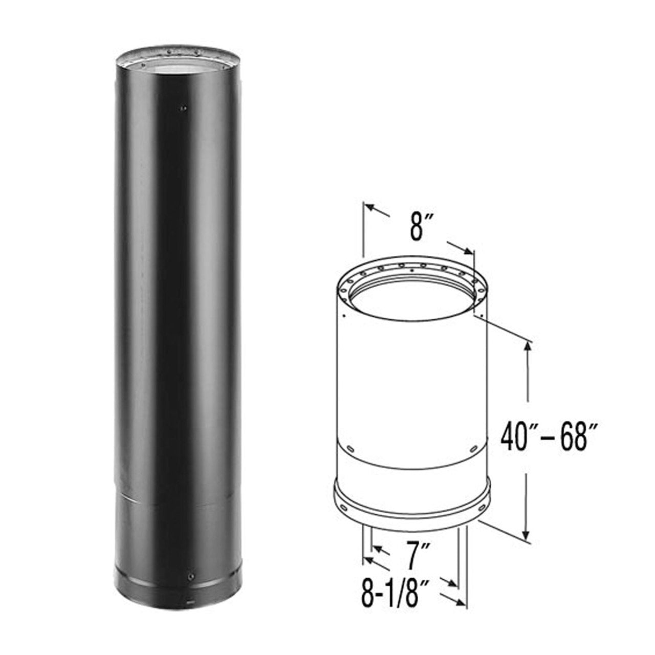 7" DVL 40" - 68" Double-Wall Telescoping Black Stove Pipe - 7DVL-68TA