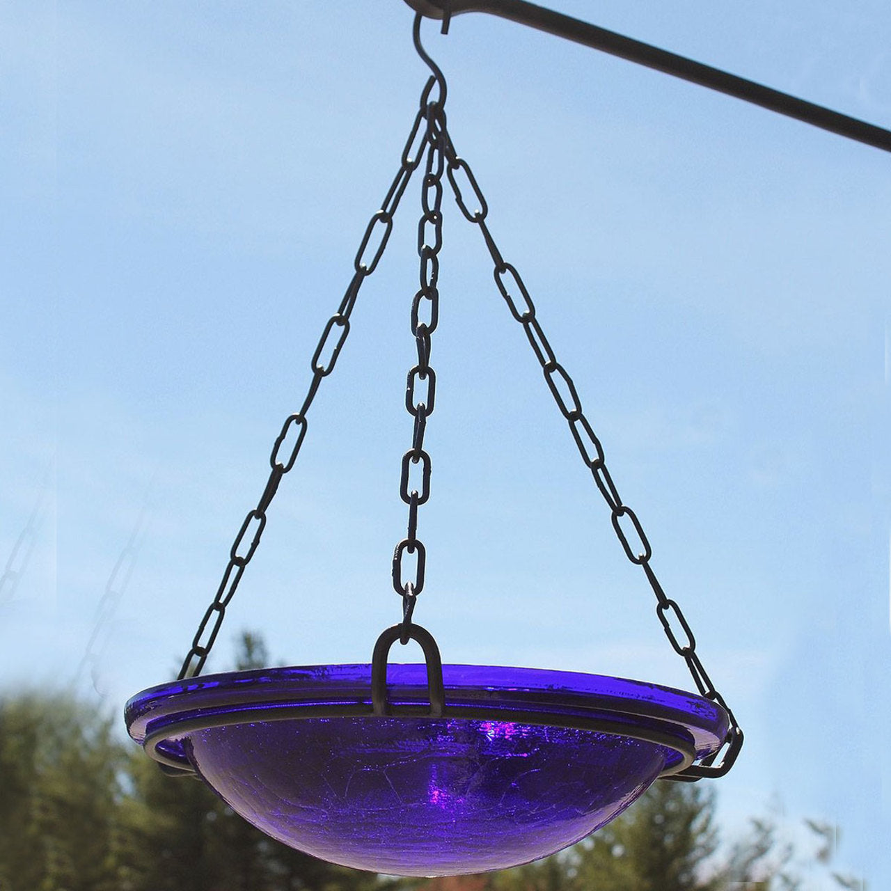 12" Crackle Glass Hanging Birdbath - Cobalt Blue