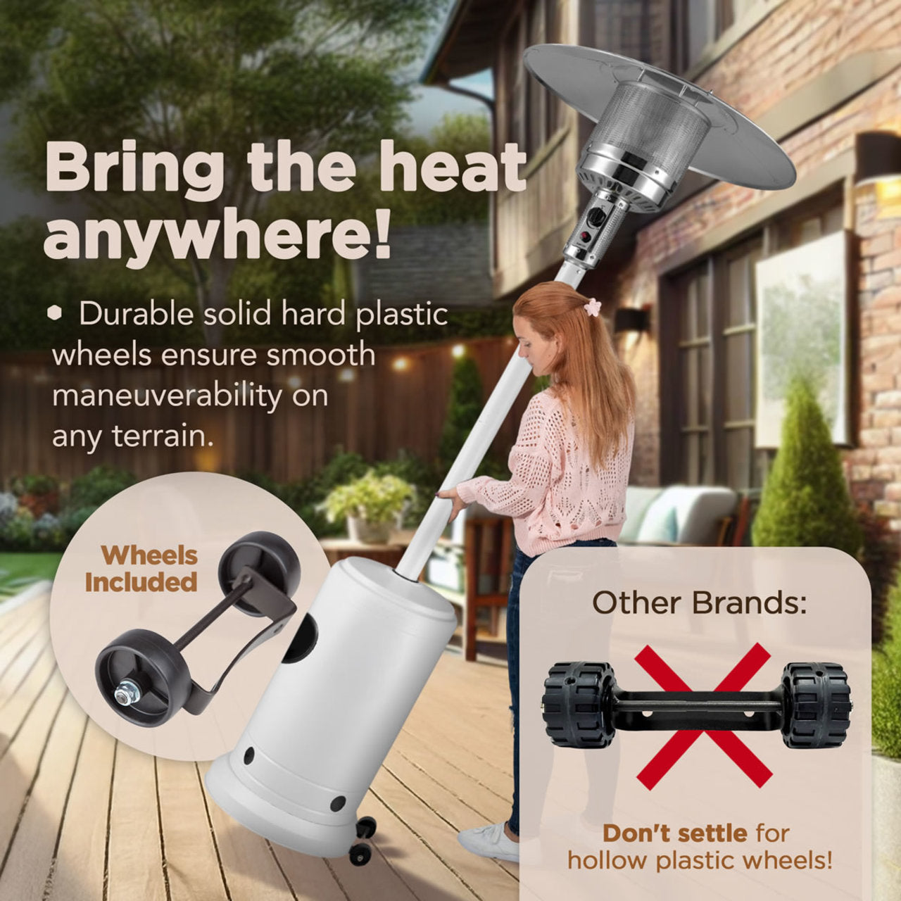 Fire Sense Matte White Finish Patio Heater with Wheels - 67132