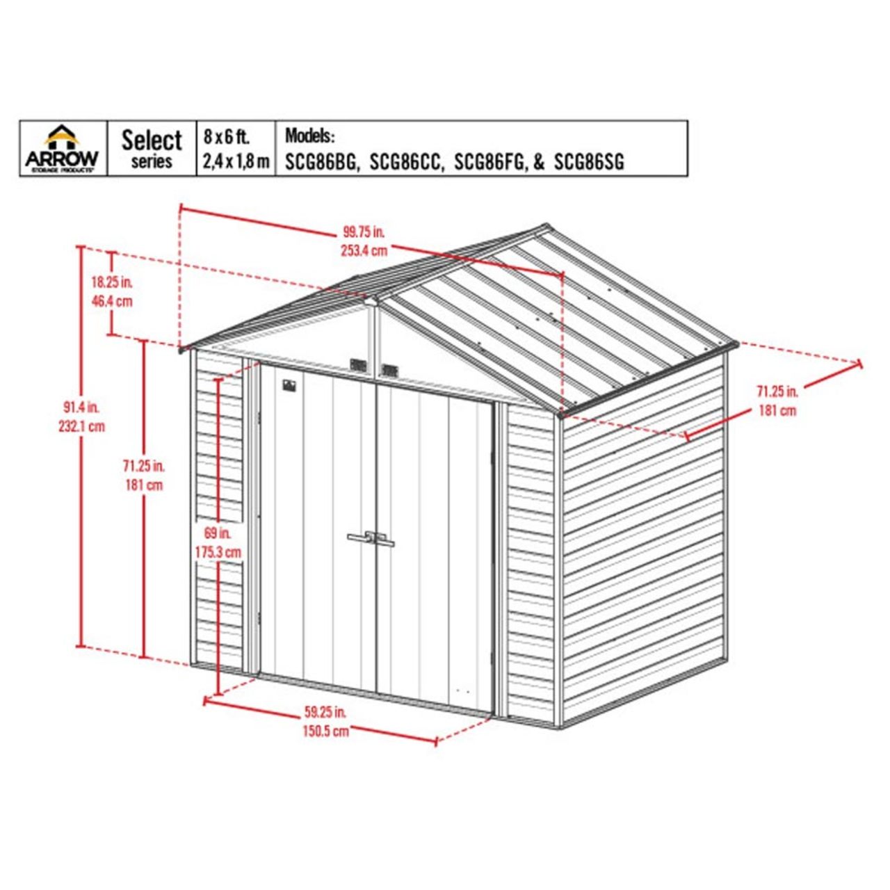 Arrow Select 8' x 6' Steel Storage Shed - Flute Gray