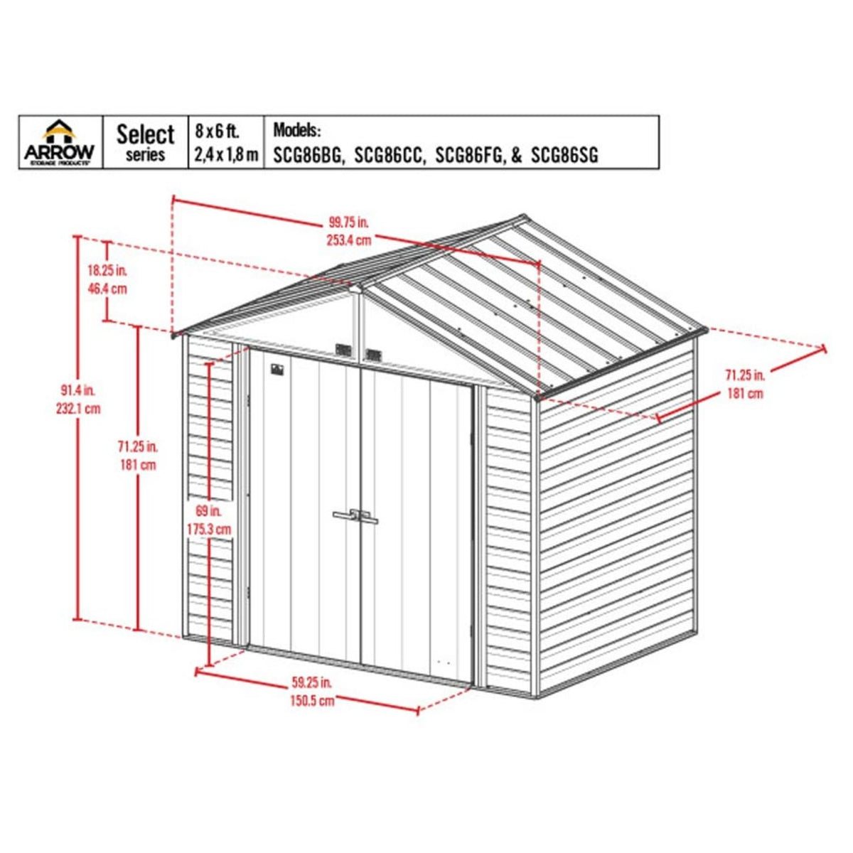 Arrow Select 8' x 6' Steel Storage Shed - Flute Gray