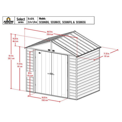 Arrow Select 8 x 6 Steel Storage Shed - Flute Gray