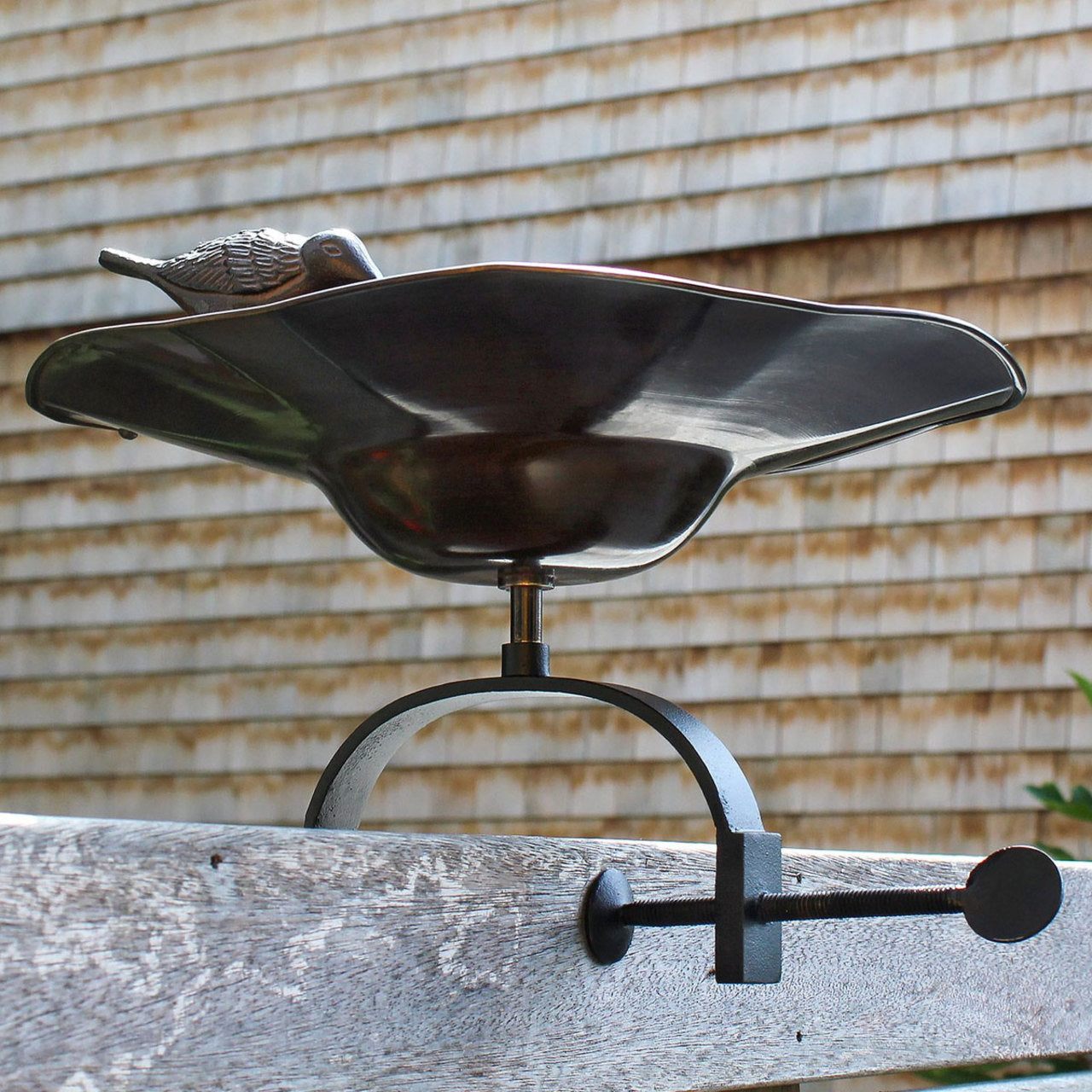 13" Antiqued Patina and Brass Bird Bath with Birds with Over Rail Bracket