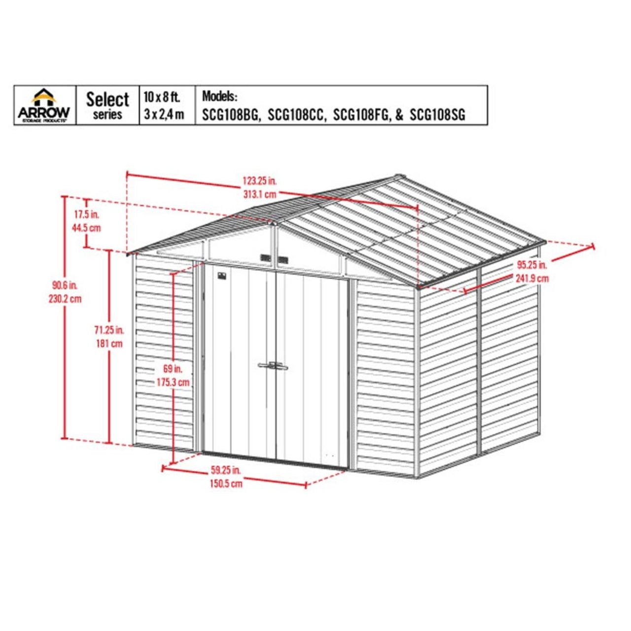 Arrow Select 10' x 8' Steel Storage Shed - Charcoal