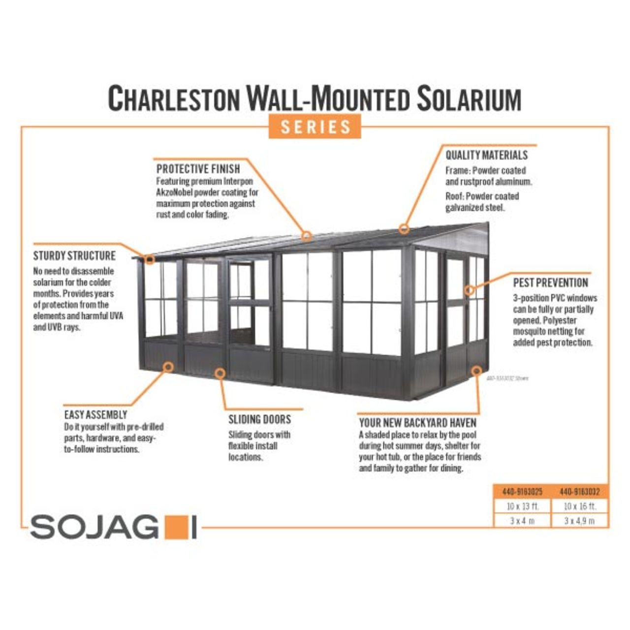 Charleston 10' x 13' Wall Mounted Solarium - Dark Gray