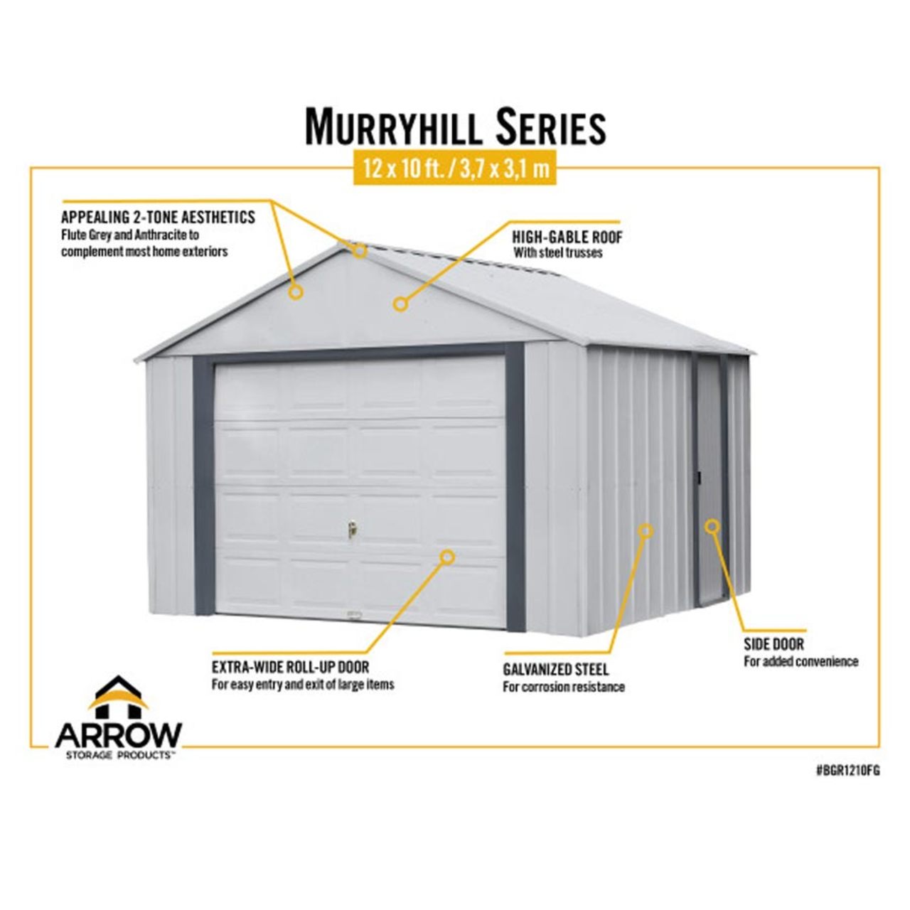 Arrow Murryhill 12' x 10' Steel Storage Garage/Building - Gray