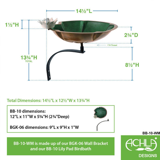 12.5" Lilypad Birdbath with Wall Mount Bracket - Green