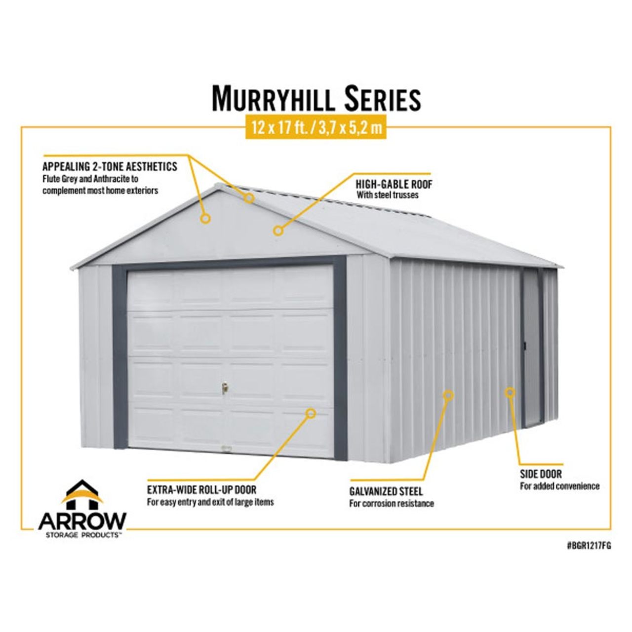 Arrow Murryhill 12' x 17' Steel Storage Garage/Building - Gray
