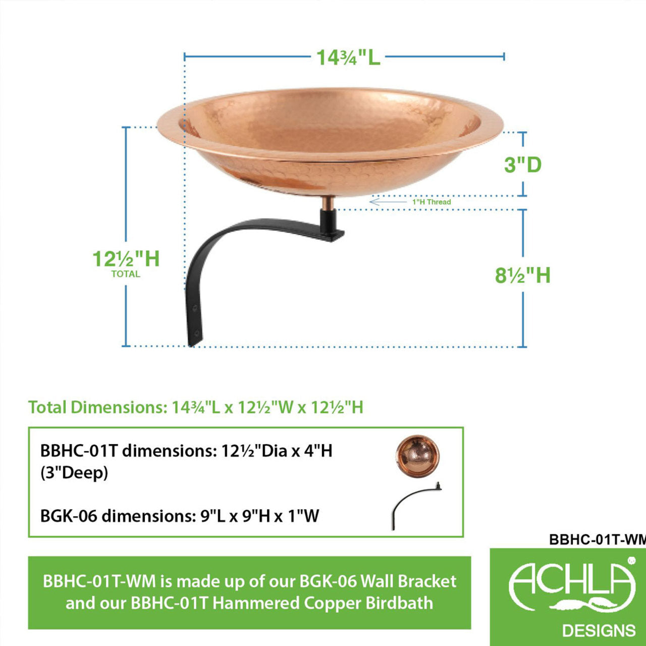 13" Hammered Copper Birdbath with Wall Mount Bracket