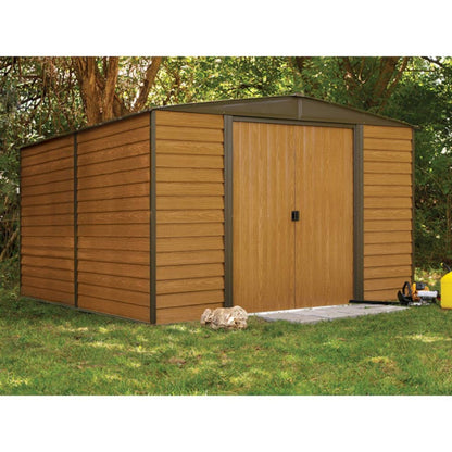 Woodridge 10 x 12 Steel Storage Shed in Coffee and Woodgrain
