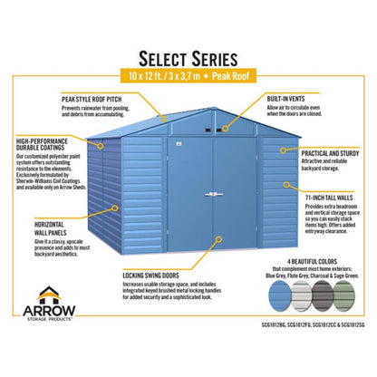 Arrow Select 10' x 12' Steel Storage Shed - Sage Green