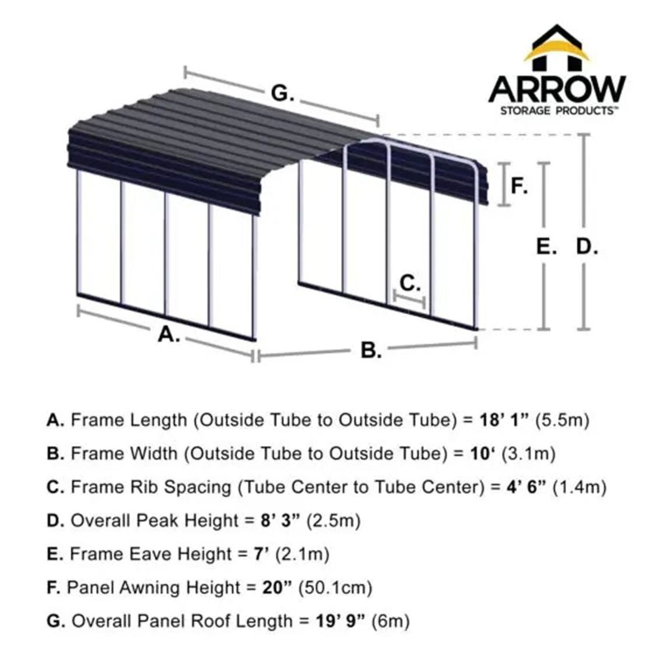 Arrow Carport 10 x 20 x 7 Ft. - Charcoal