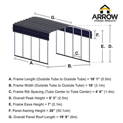 Arrow Carport 10 x 20 x 7 Ft. - Charcoal