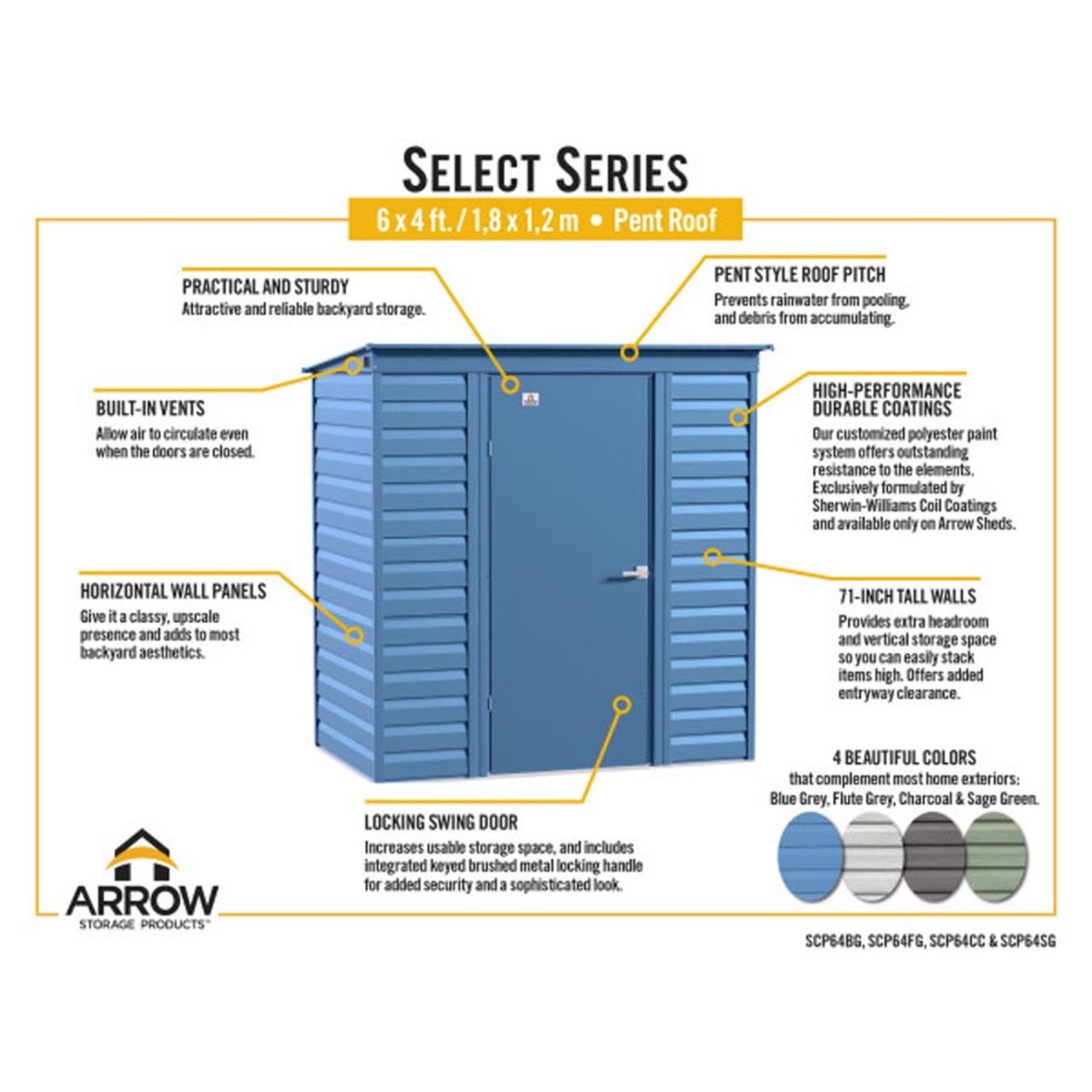Arrow Select 6' x 4' Steel Storage Shed  -  Sage Green