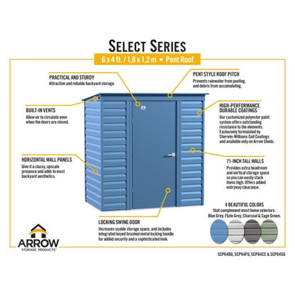 Arrow Select 6' x 4' Steel Storage Shed  -  Sage Green