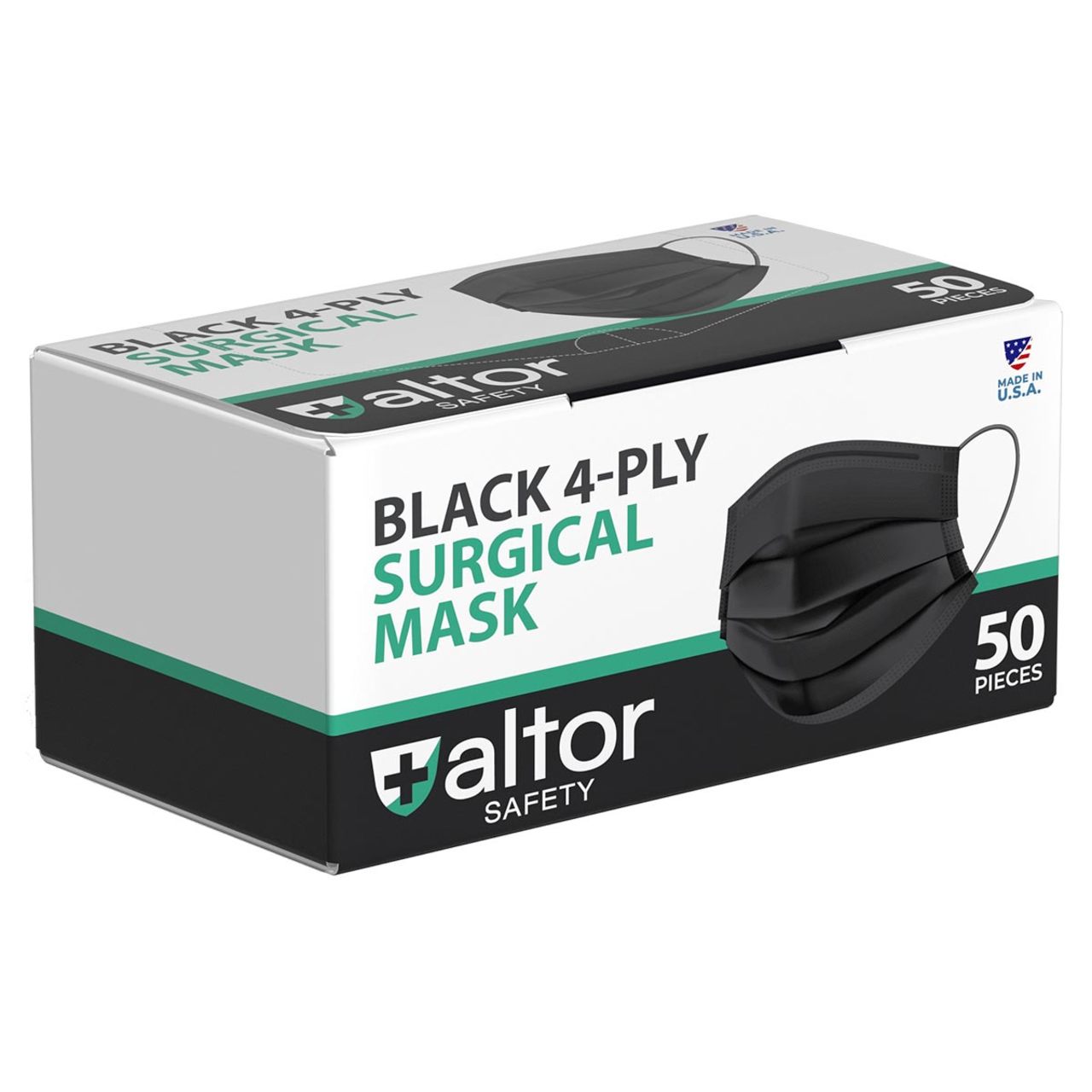 Altor Safety Surgical Mask 62222B, 4-Ply ASTM Level 2, USA Made, Black
