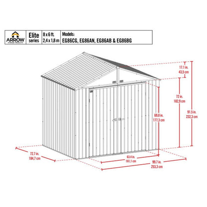 Arrow Elite 8' x 6' Steel Storage Shed - Silver