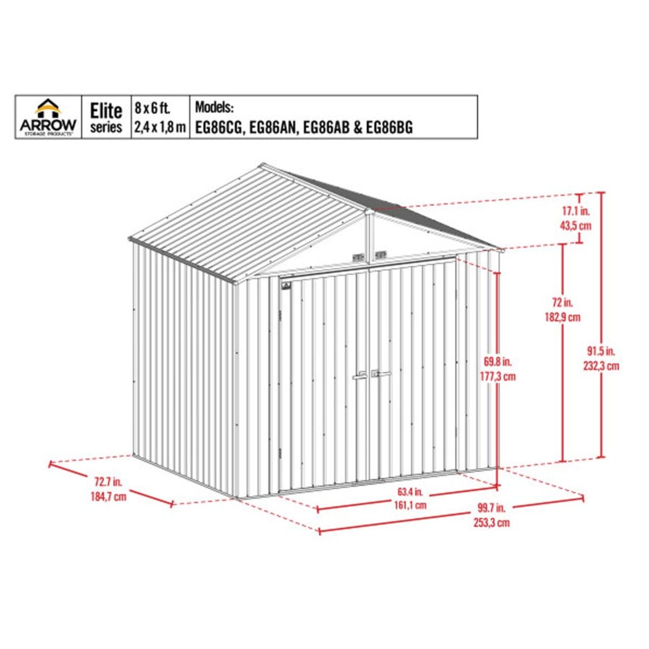 Arrow Elite 8' x 6' Steel Storage Shed - Silver