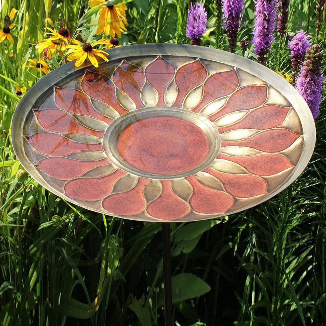 16" Red African Daisy Birdbath in Copper Finish with Stake