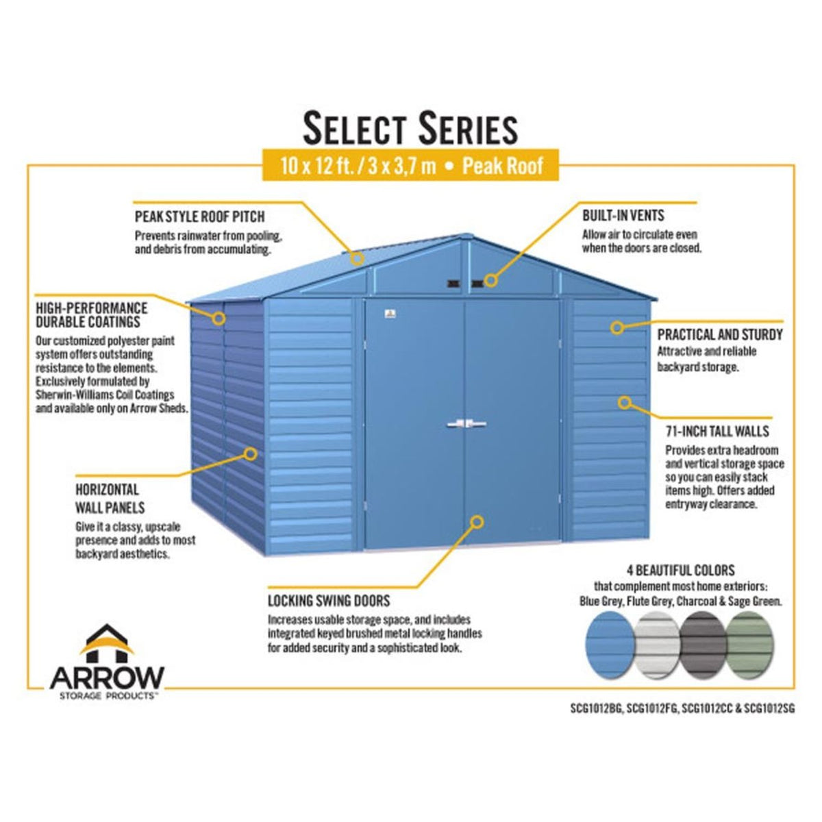 Arrow Select 10' x 12' Steel Storage Shed - Flute Gray