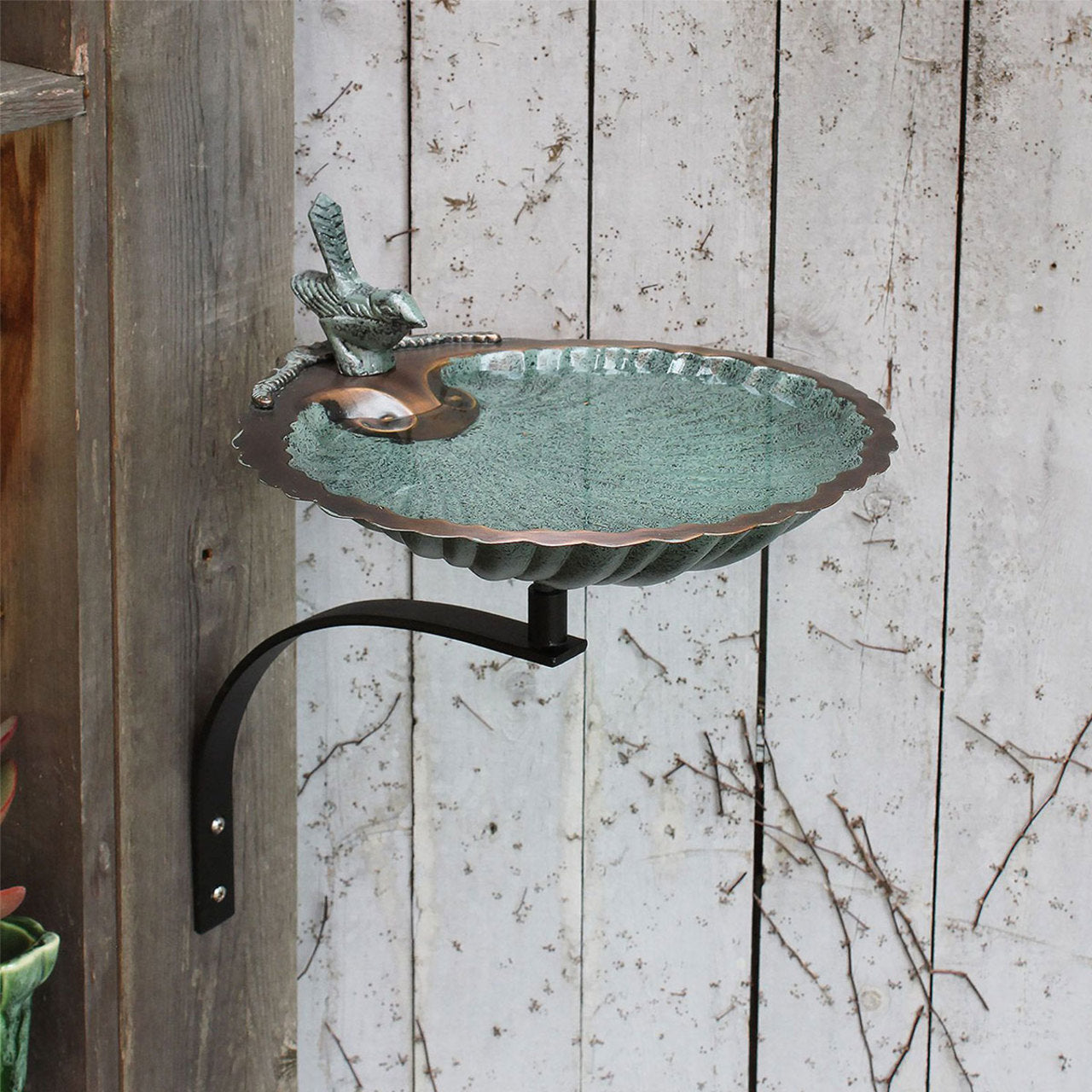 11" Scallop Shell Patina Birdbath with Wall Mount Bracket