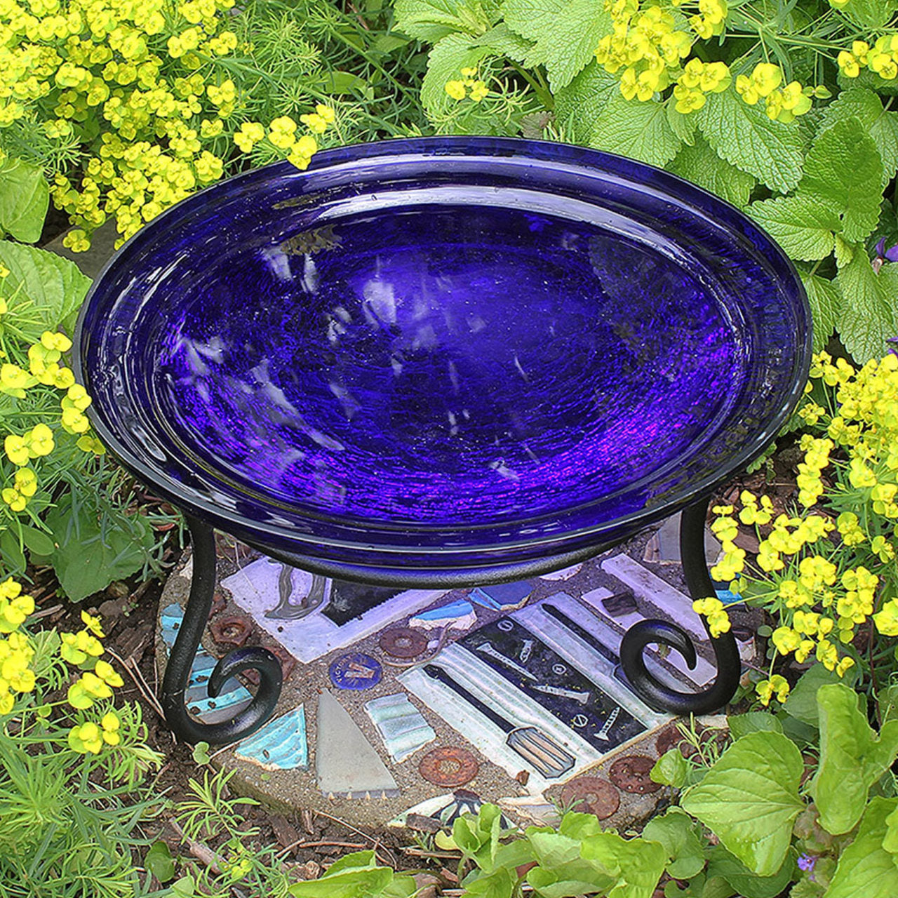 12-in. Cobalt Blue Crackle Glass Bowl Birdbath