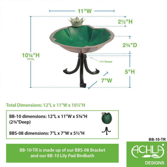 12.5" Lilypad Birdbath with Tripod Stand - Green