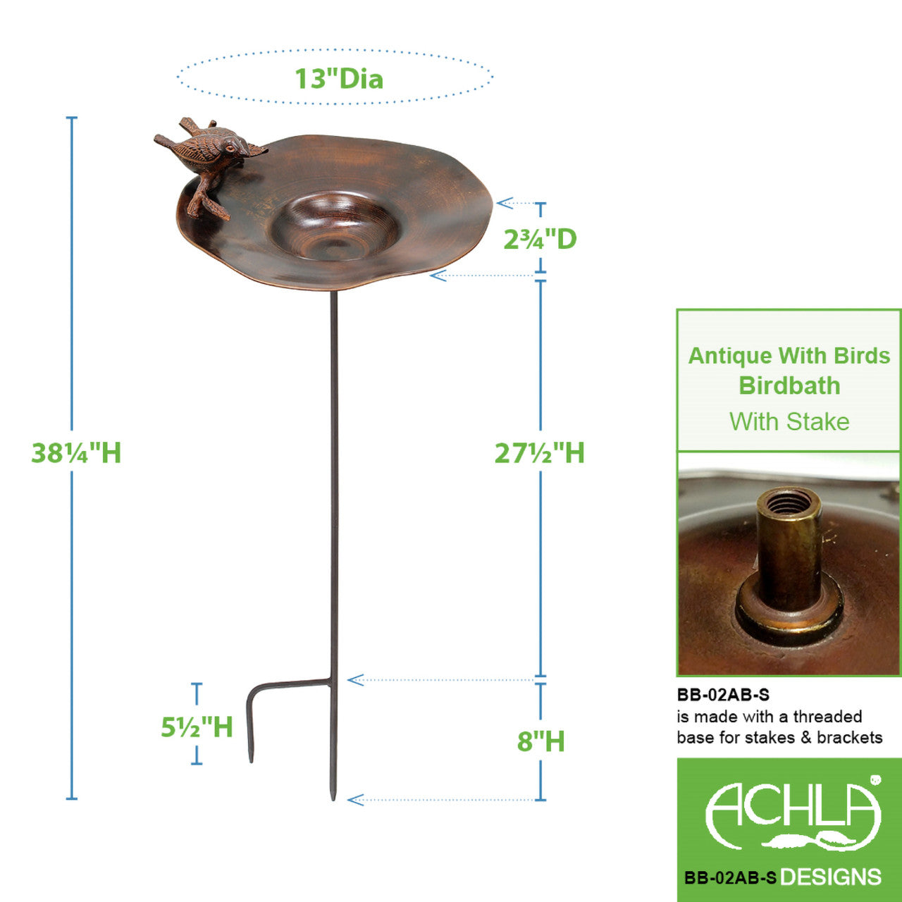 13" Antiqued Patina and Brass Bird Bath with Birds and Stake