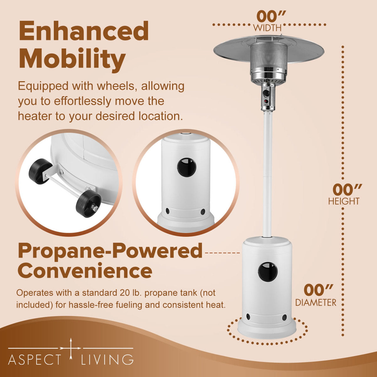 Fire Sense Matte White Finish Patio Heater with Wheels - 67132