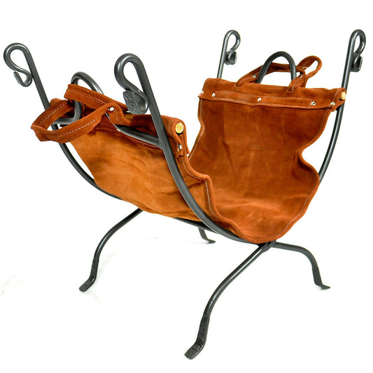 Olde World Iron Log Rack with Leather Firewood Carrier