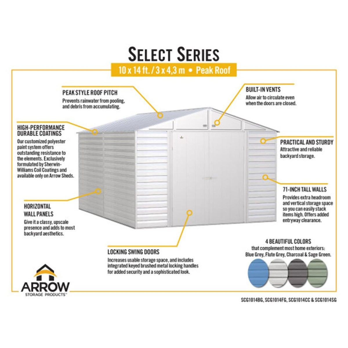 Arrow Select 10' x 14' Steel Storage Shed -  Charcoal