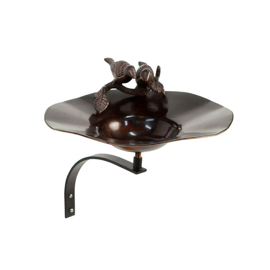 13" Antiqued Patina and Brass Bird Bath with Birds with Wall Mount Bracket