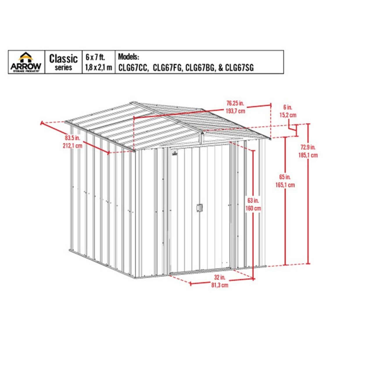 Arrow Classic Steel Storage Shed 6' x 7' Charcoal