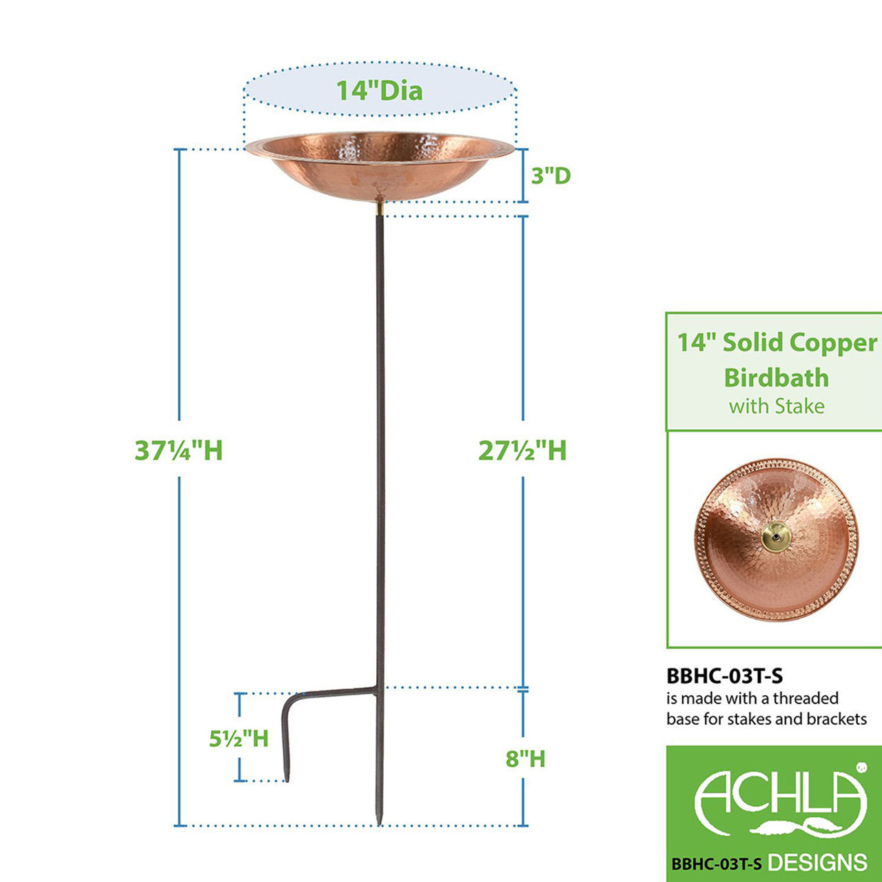 14" Solid Hammered Copper Bowl w/ Rim w/ Stake
