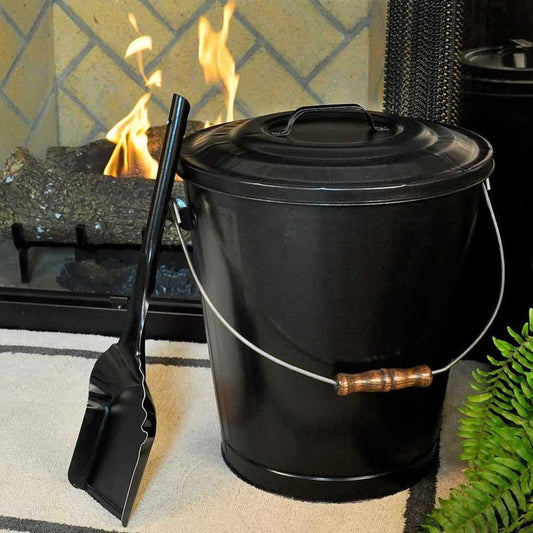 Black Fireplace Ash Container and Shovel Set