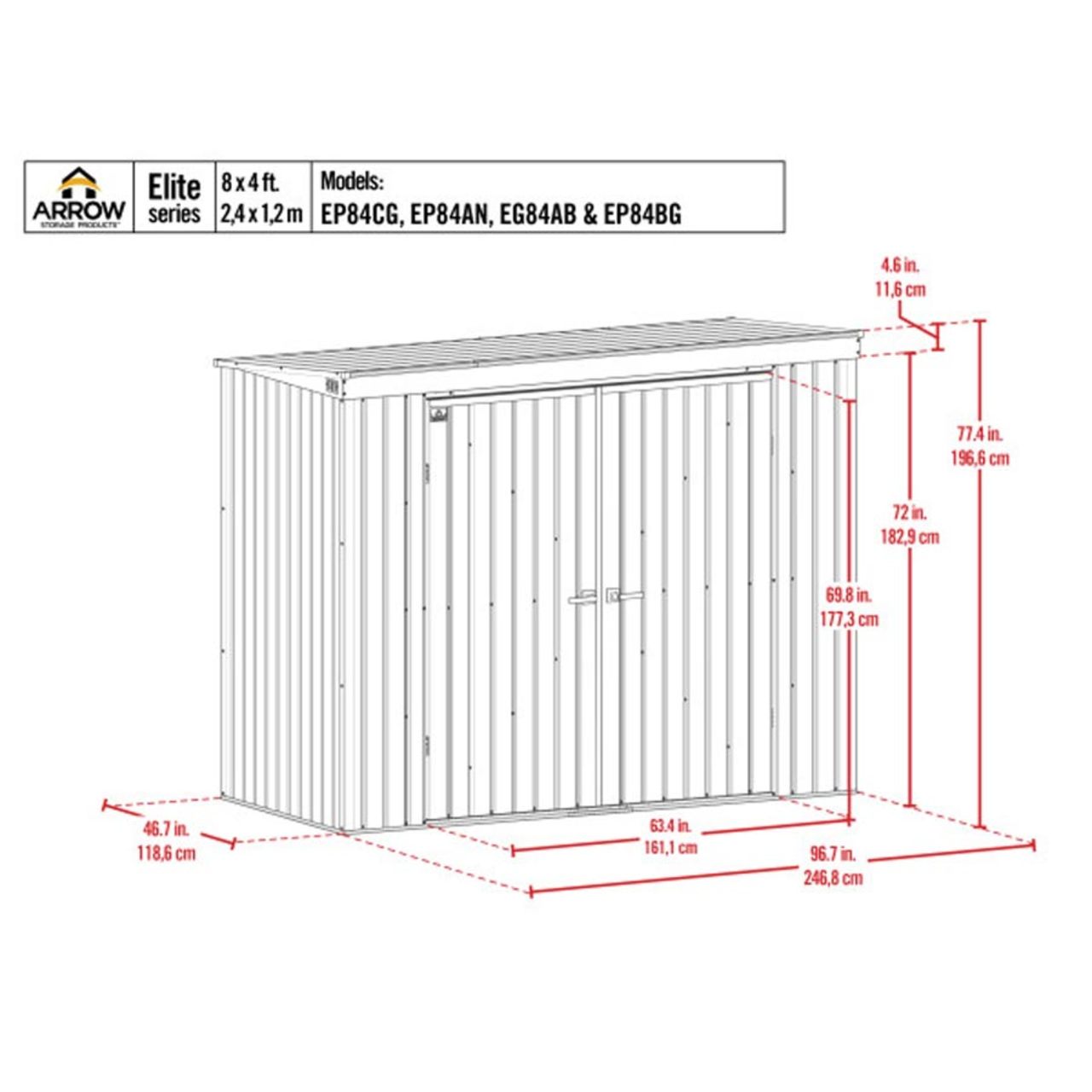 Arrow Elite Steel Storage Shed 8' x 4' -  Blue Gray