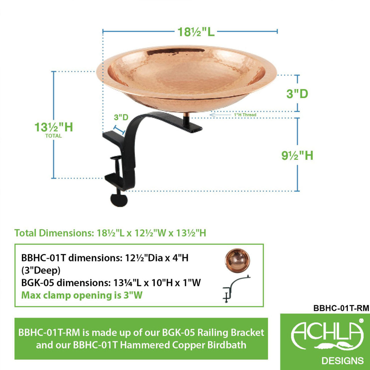 13" Hammered Copper Birdbath with Rail Mount Bracket