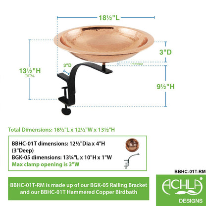 13" Hammered Copper Birdbath with Rail Mount Bracket