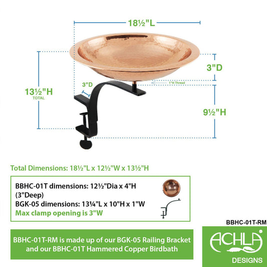 13" Hammered Copper Birdbath with Rail Mount Bracket