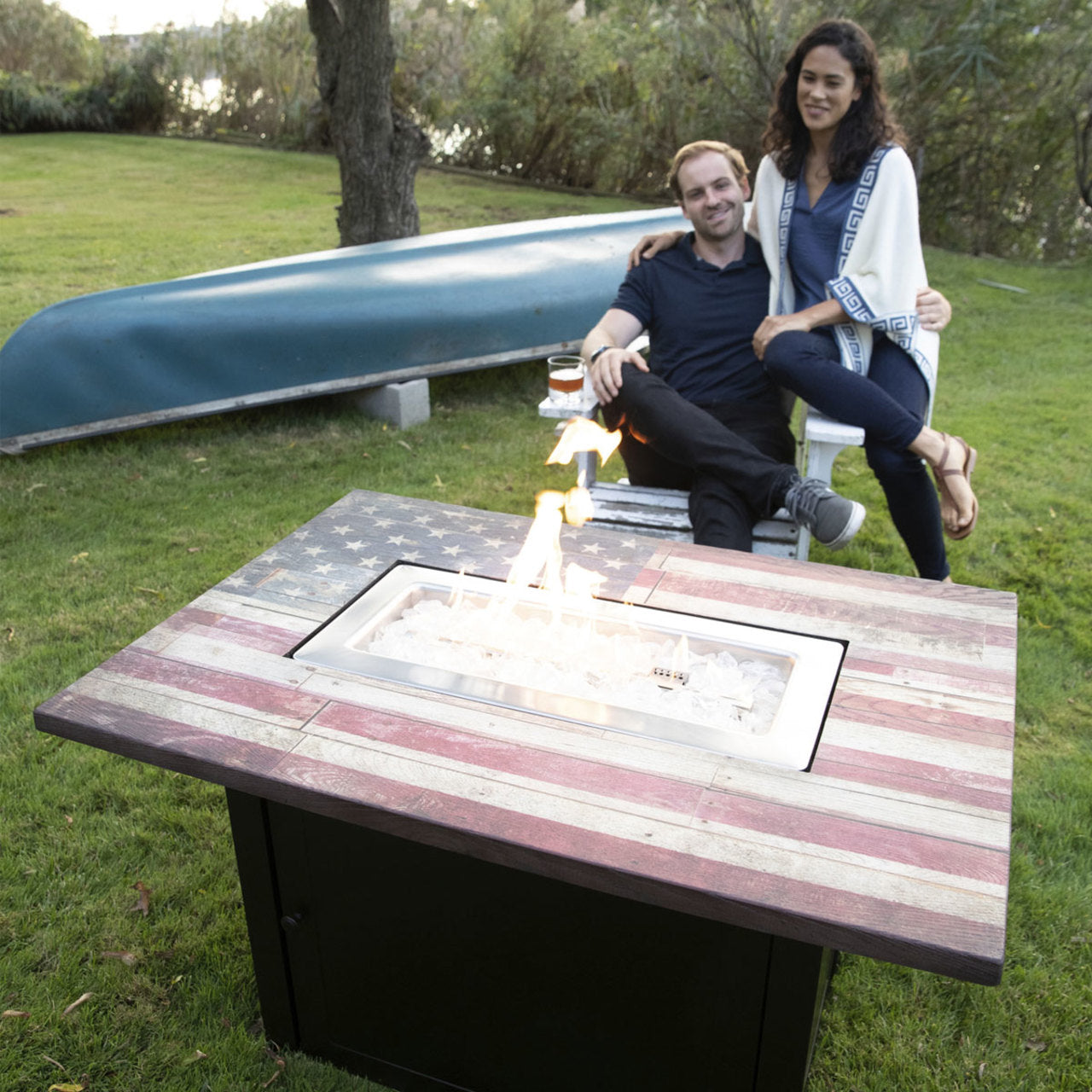 The Americana - 40 x 28 Rectangular Gas Outdoor Fire Pit -Red-White-Blue