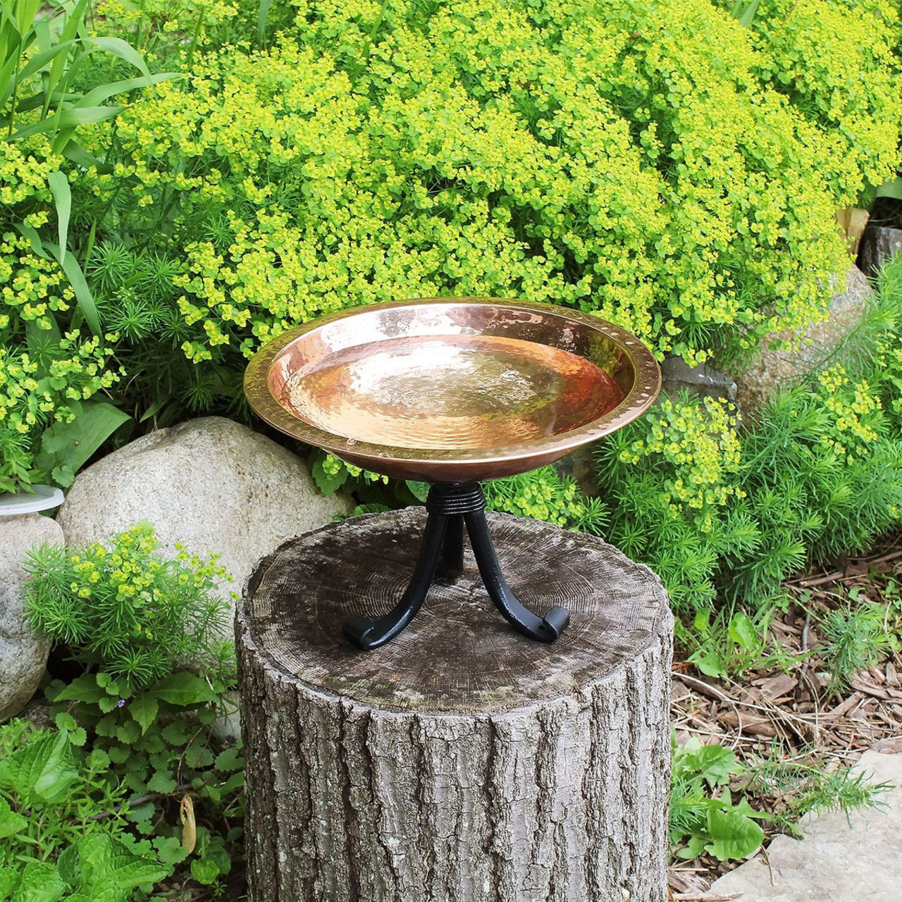 13" Hammered Copper Birdbath with Tripod Stand