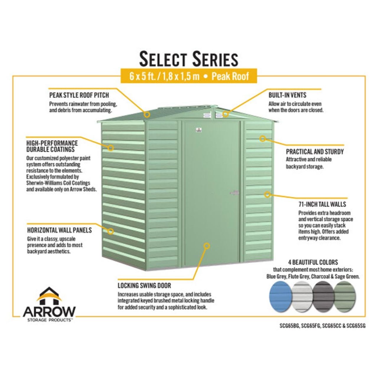 Arrow Select 6' x 5' Steel Storage Shed -  Blue Gray