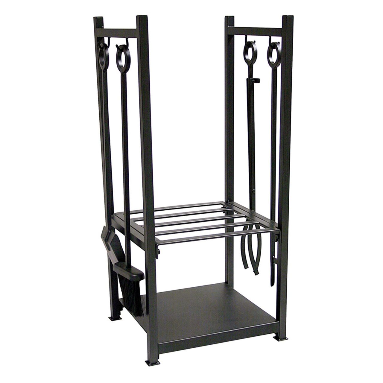 Wrought Iron Log Rack with Fireset in Black