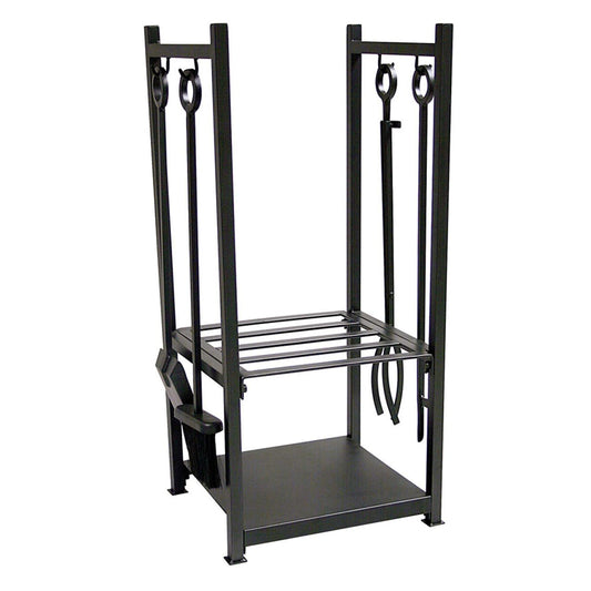 Wrought Iron Log Rack with Fireset in Black
