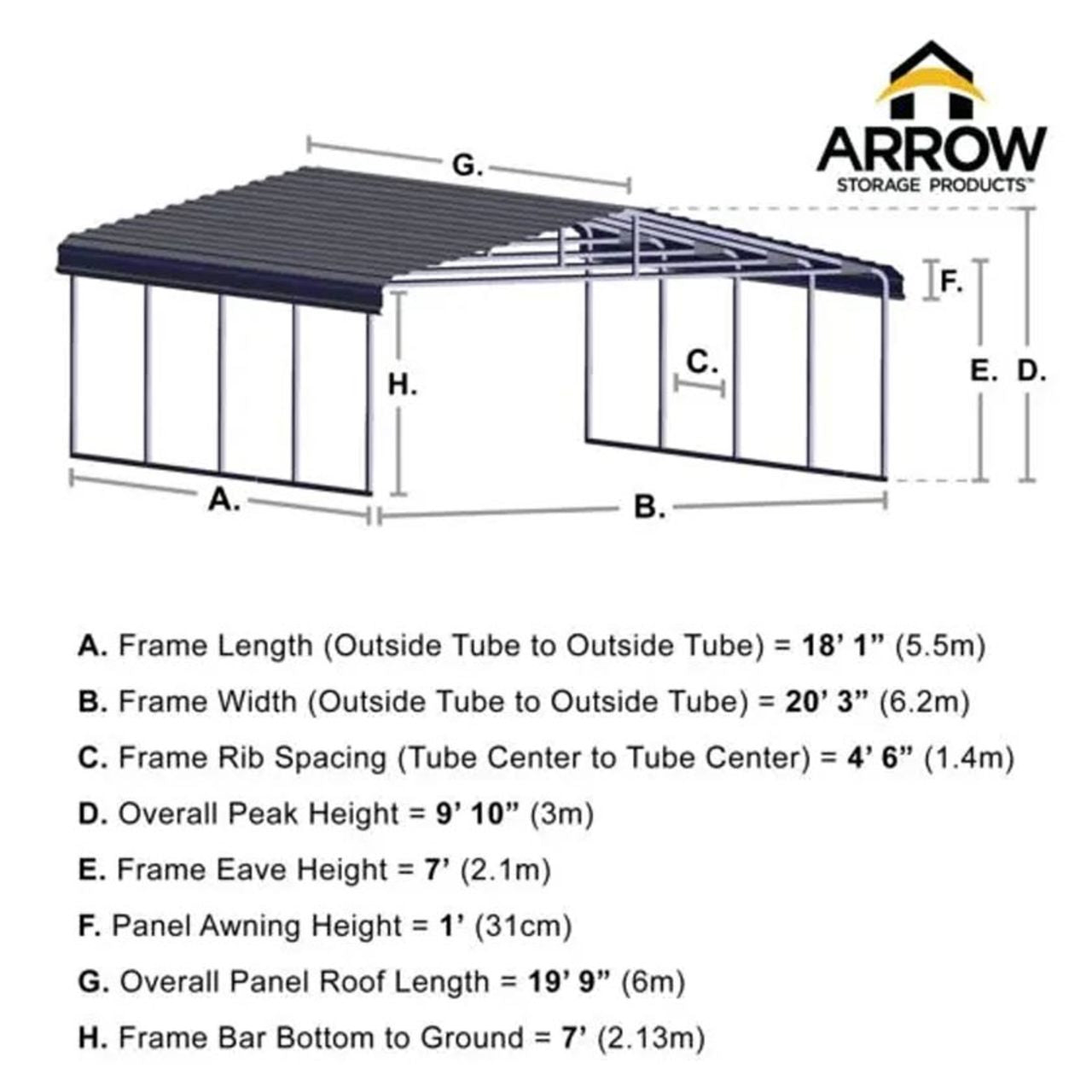 Arrow Carport 20 x 20 x 7 Ft. - Charcoal