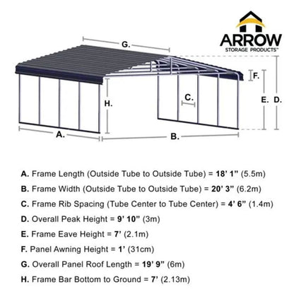 Arrow Carport 20 x 20 x 7 Ft. - Charcoal