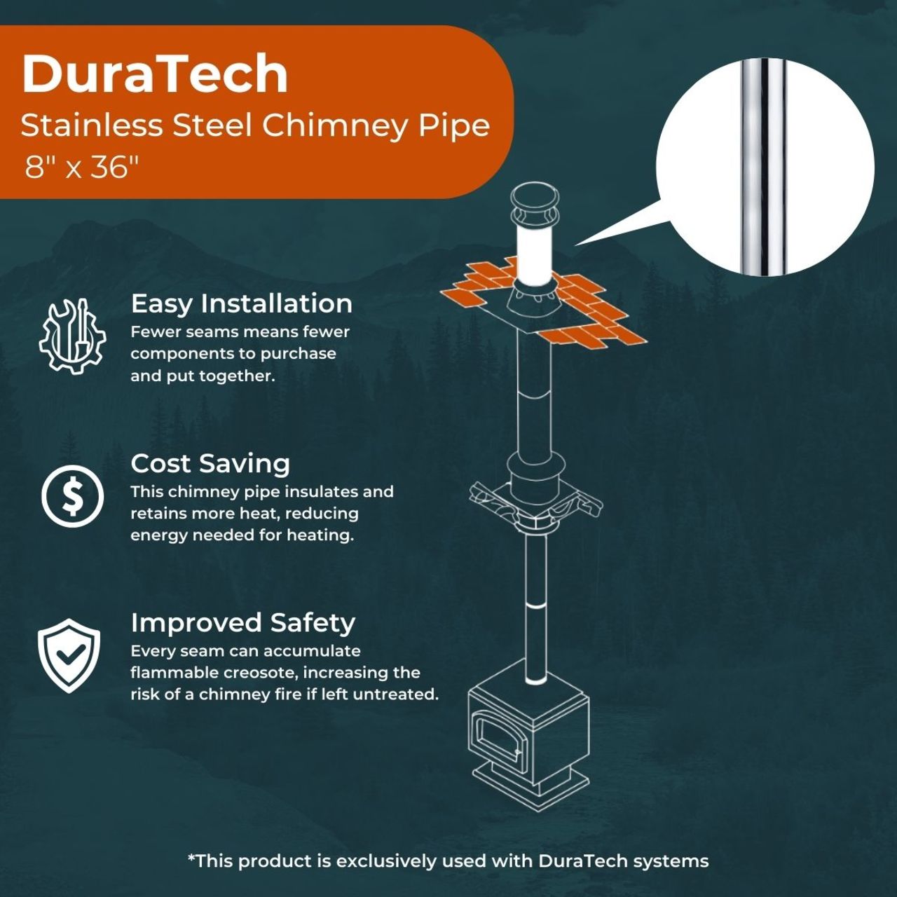8" x 36" DuraTech Stainless Steel Chimney Pipe - 8DT-36SS
