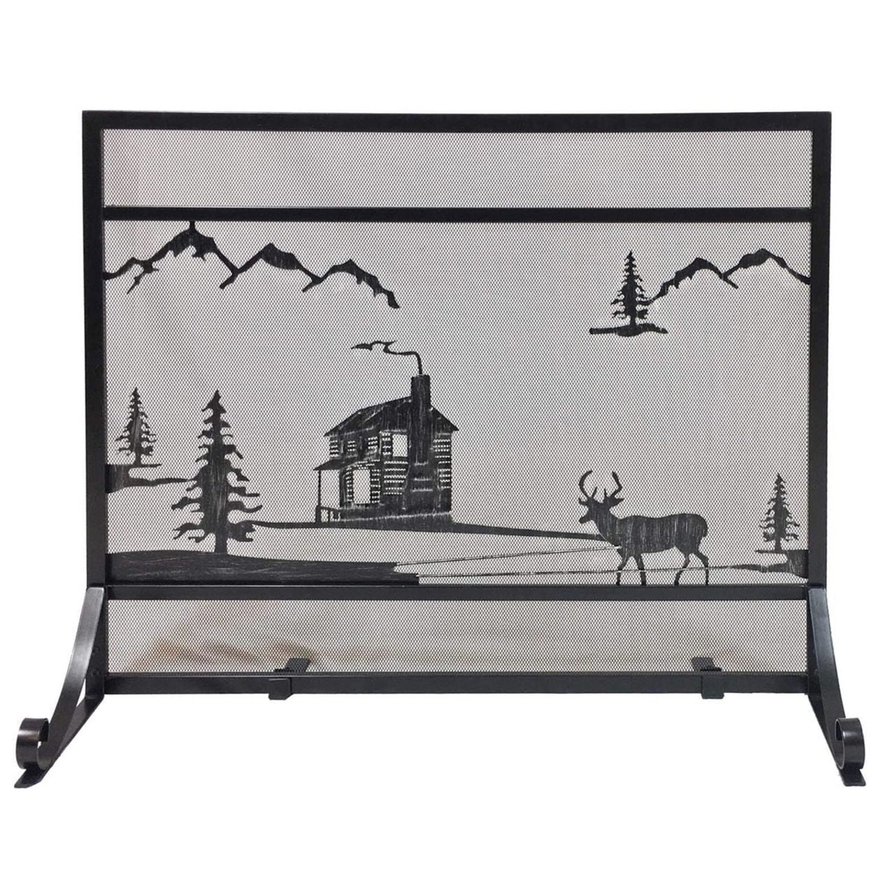 Black Panel Fireplace Screen - Wrought Iron Cabin Design