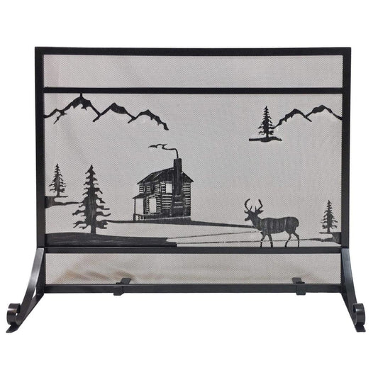 Black Panel Fireplace Screen - Wrought Iron Cabin Design