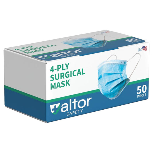 Altor Safety Surgical Mask with Plastic Nose Wire 62232P, 4-Ply ASTM Level 3, USA Made, Blue